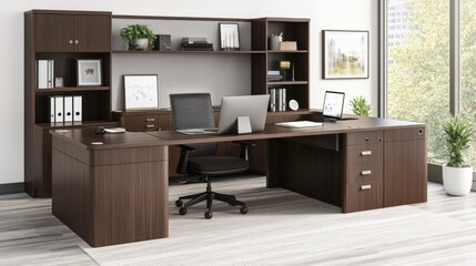Freshly organized office desk with clear space, modern equipment, and a green plant accent