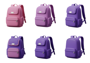 3d set of purple school backpack isolated. Render collection of children schoolbag icon. Back to school. Rucksack for school, study, travel, hiking and work. Haversack, knapsack. Vector illustration