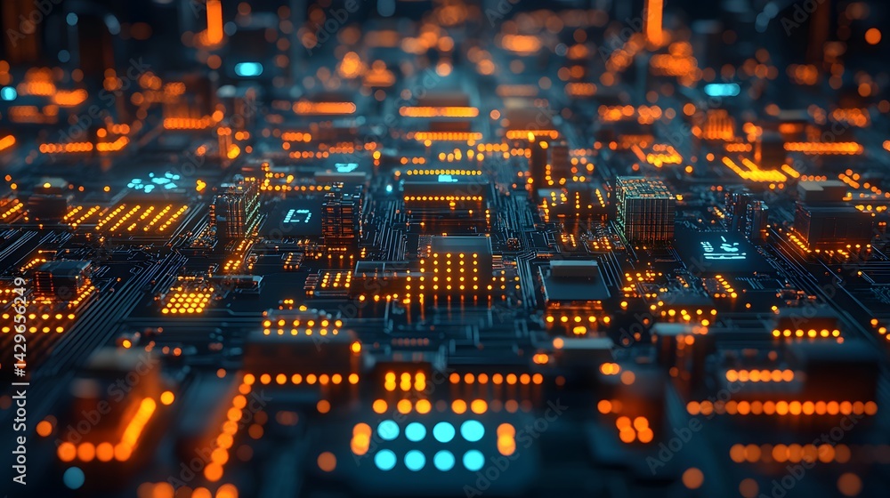 Poster close-up of an abstract circuit board, showcasing intricate details and glowing components. a digita