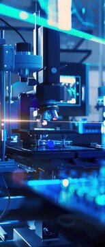 Laser beams scan cell samples in an advanced flow cytometry lab holographic displays and modern equipment enhance scientific analysis.