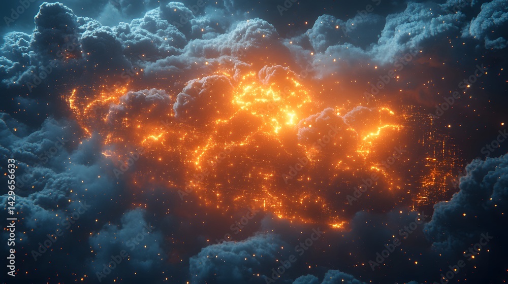 Aufkleber fiery nebula erupts through dark clouds, creating a stunning celestial display. digital celestial in