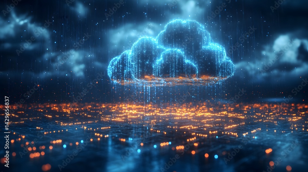 Aufkleber Digital cloud raining data over a city. Modern technology concept. Digital Cloud Data Network Over Illuminated Cyber Threat Cityscape