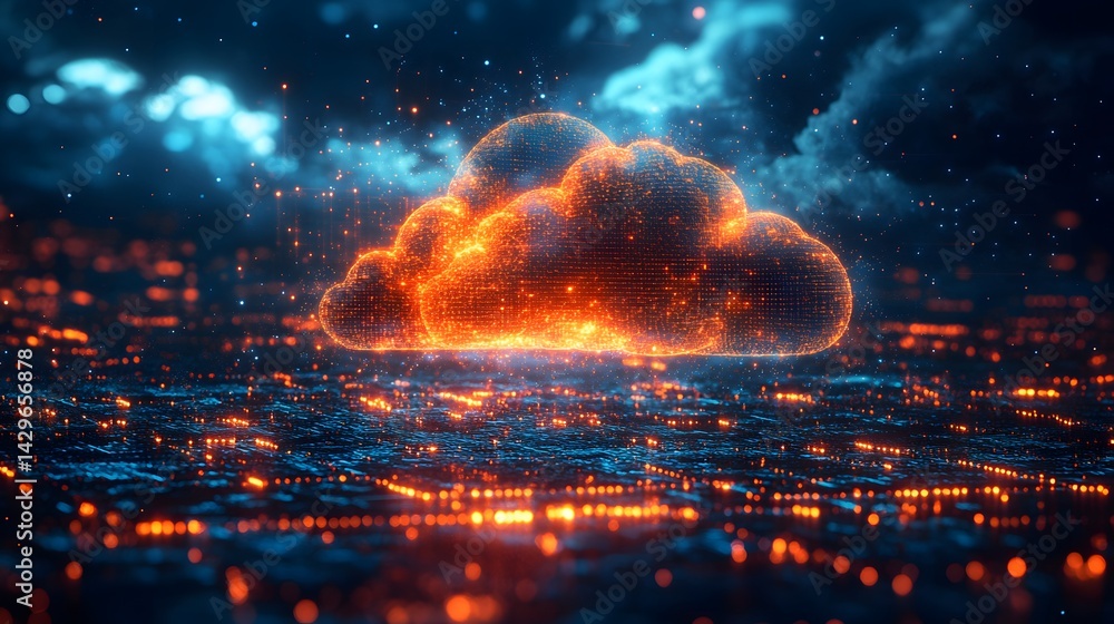 Poster abstract digital art depicting a fiery cloud symbolizing cloud computing hovering over a network lan