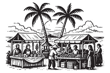 marketplace with street vendors and traditional stalls woodcut engraving vector illustration