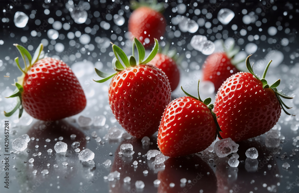 Poster fresh red strawberries with green stems are scattered with ice cubes on a dark, reflective surface c