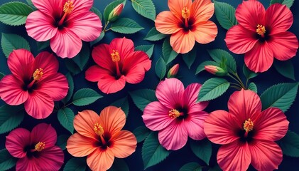 Bold, stylized hibiscus blooms in vibrant colors, densely arranged , lush, wallpaper