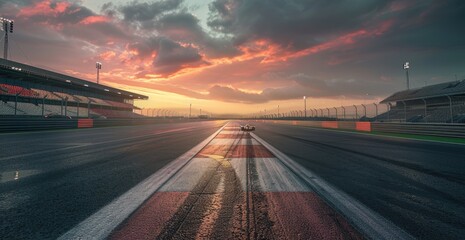 Obraz premium A race track with the visible finish line, with a car approaching in the distance. The camera is positioned on one side of the road and captures both sides