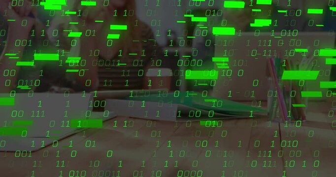 Coworkers collaborating in tech meeting around wooden table, showcasing green binary code overlay