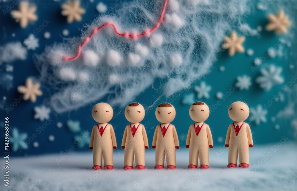 Poster here's the description and keywords, incorporating the image's elements: five figures stand in a whi