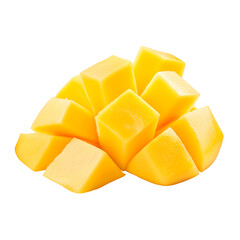 A delicious piece of fresh mango is isolated on a transparent background with square cutouts