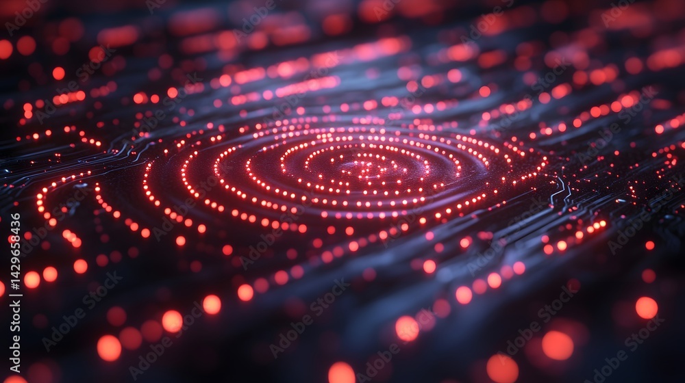 Leinwandbilder a mesmerizing digital art piece depicting a circuit board with red glowing nodes forming concentric 