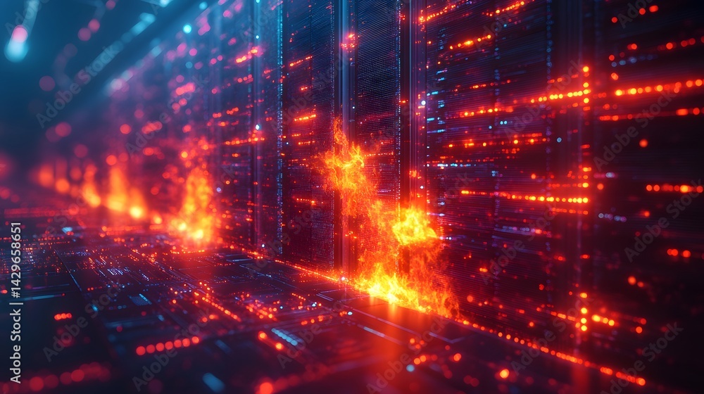 Poster digital inferno. servers ablaze in a fiery data stream. futuristic tech. digital firewall inferno of
