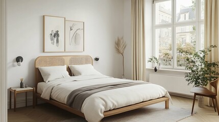 Minimalist Bedroom Interior With Rattan Bedframe ideal for company blog post visuals