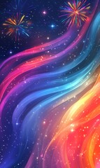 Obraz premium Colorful aurora borealis illuminating night sky with stars and fireworks exploding