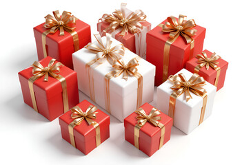 Obraz premium Christmas Gift Boxes with Golden Ribbons and Ornament Basket on White Background – Holiday Celebration Concept