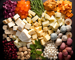 Cheese and fruit arrangement featuring various textures and colors on a dark background