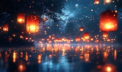 Obraz premium Glowing lanterns floating at night over a body of water, creating a magical atmosphere