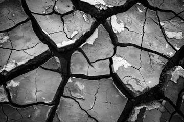 Monochrome image capturing a cracked stone surface texture with sharp lines and rock formations.