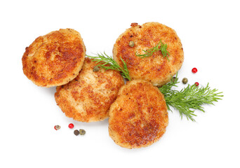 Delicious patties and spices isolated on white, top view