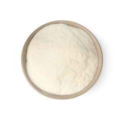 Collagen powder in bowl isolated on white, top view