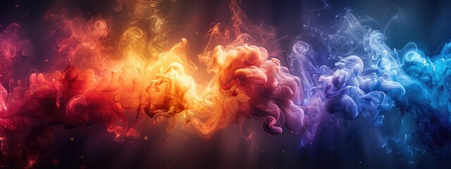 Fototapeta premium A rainbow of smoke against a black background, creating an abstract and colorful composition. 