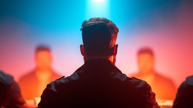 Silhouette of Men in a Dramatic Meeting Lit with Red and Blue Light