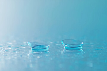 Pair of contact lenses and water drops on light blue mirror surface, closeup