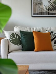 Modern Living Room with Decorative Pillows and Indoor Plants