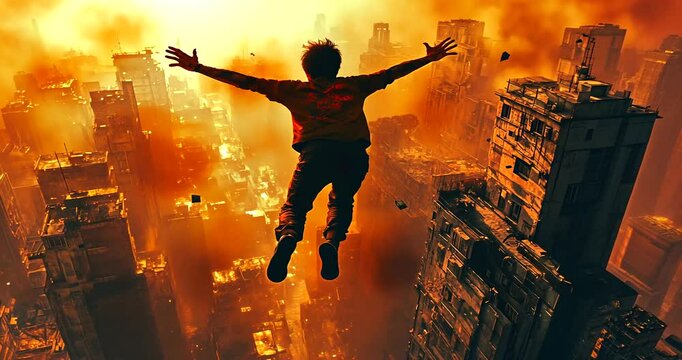 A young person leaps from a crumbling building amidst a fiery urban landscape, symbolizing freedom