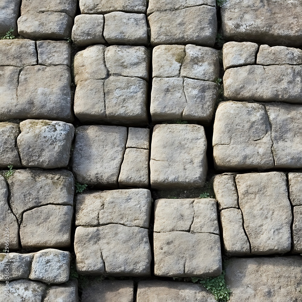 Poster a detailed view of a paved surface, featuring square stone blocks with visible cracks and small vege