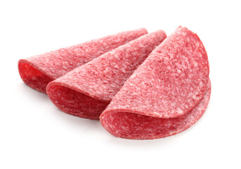 Slices of tasty smoked sausage isolated on white