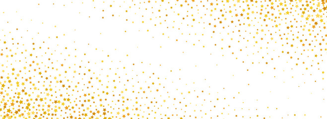Golden star confetti background. Gold dotted glitter pattern. Yellow orange sparks and sparkles wallpaper. Celebration Christmas, New Year, birthday, wedding decoration party backdrop. Vector overlay