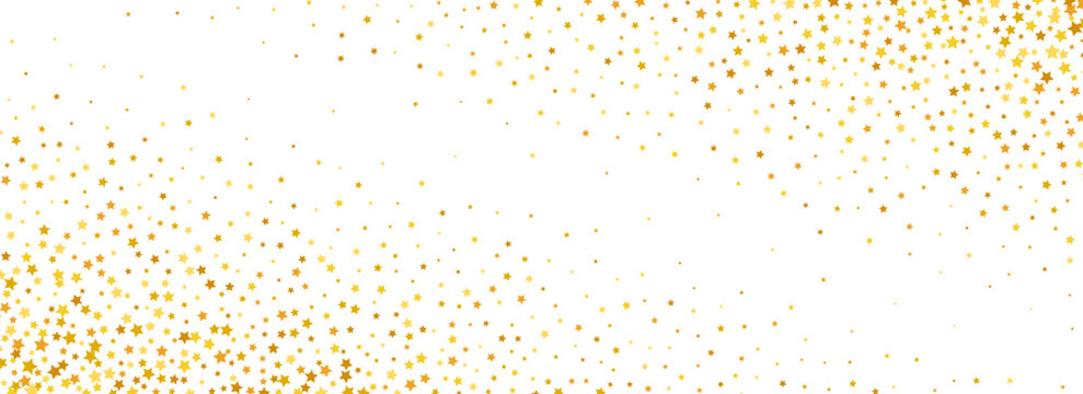 Golden star confetti background. Gold dotted glitter pattern. Yellow orange sparks and sparkles wallpaper. Celebration Christmas, New Year, birthday, wedding decoration party backdrop. Vector overlay