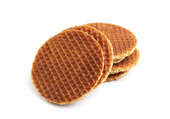 Tasty round Dutch waffles isolated on white