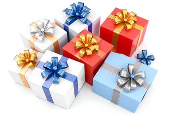 Obraz premium Christmas Gift Boxes with Golden Ribbons and Ornament Basket on White Background – Holiday Celebration Concept