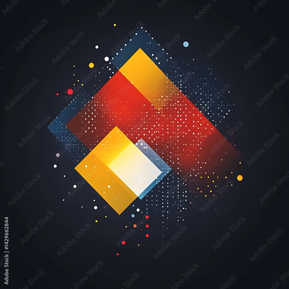 Poster abstract geometric design featuring overlapping squares in vibrant colors on a dark background, dott