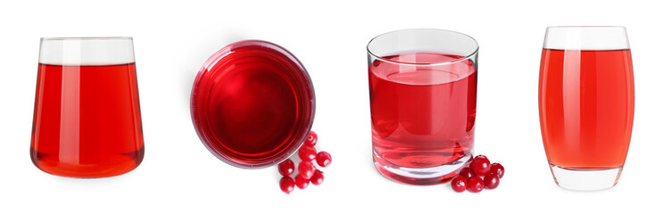 Tasty cranberry juice on white background, collage