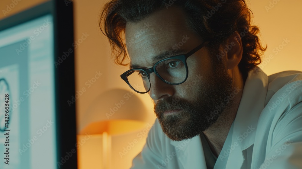 Poster a bearded man in glasses intently studies a computer screen displaying a brain scan, deeply engrosse