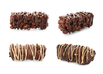 Delicious puffed rice bars with chocolate on white background, collage