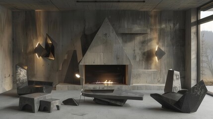 Brutalist living room concrete walls sculptural furniture monolithic fireplace geometric light fixtures minimal decor raw texture elements.