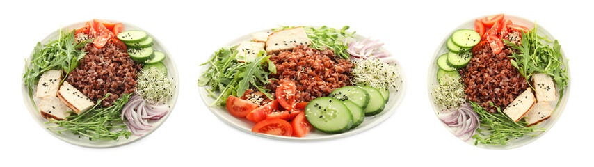 Tasty salad with brown rice isolated on white, collage