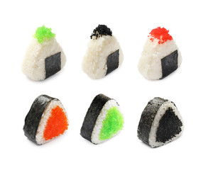 Tasty onigiri with tobiko isolated on white, set