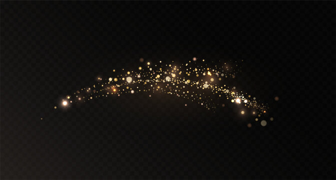 Magic light effect with golden dust and glitter on a dark transparent background. Realistic vector illustration of sparkling, shimmering gold powder trail.