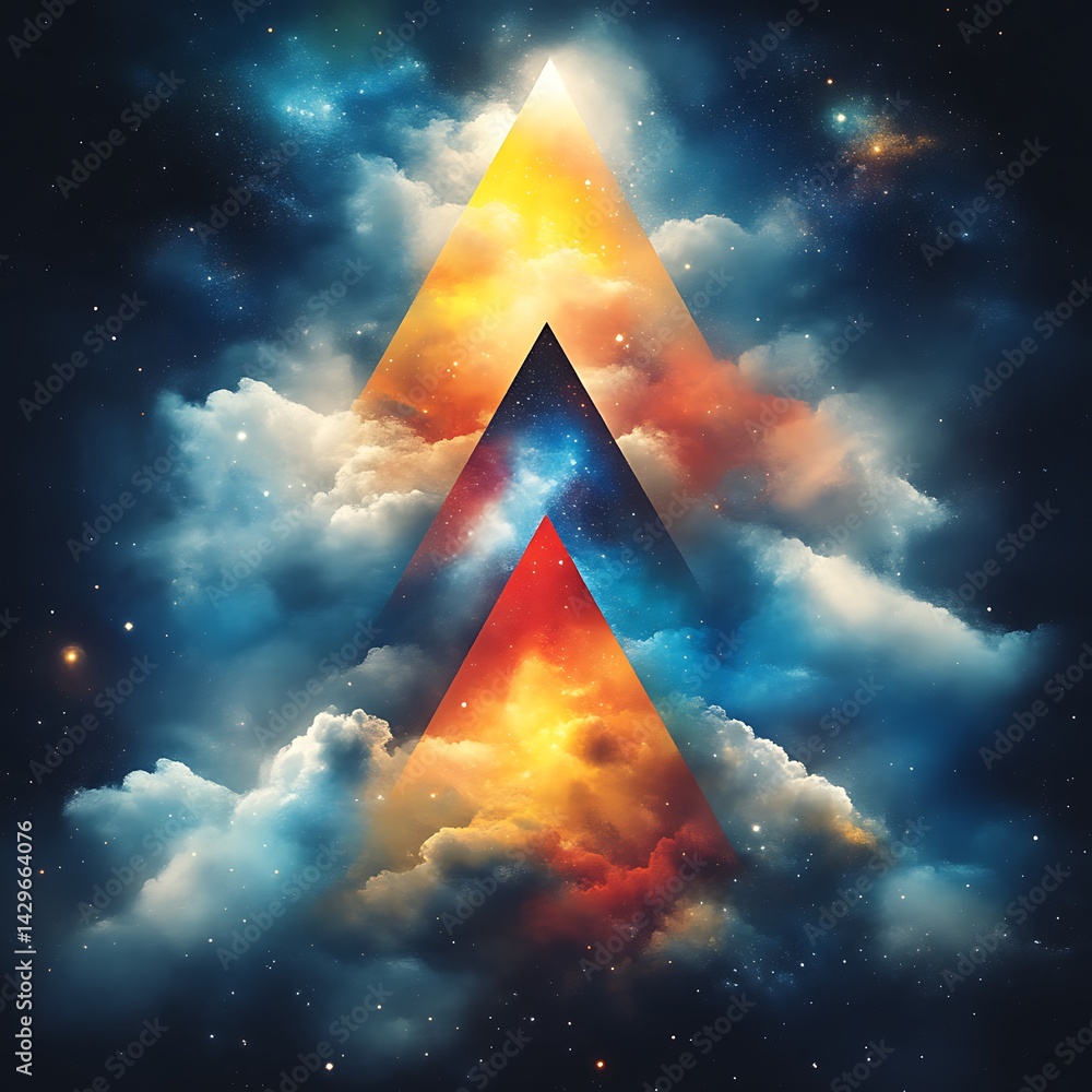 Poster abstract celestial triangles piercing through colorful nebula clouds