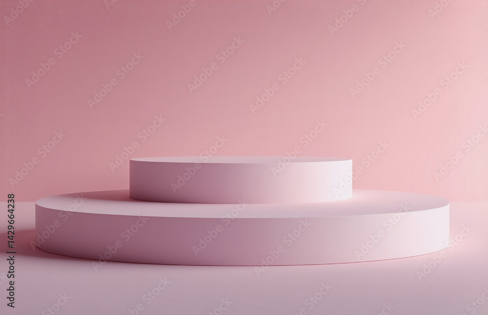 Poster a two-tiered, circular structure stands bathed in a soft pink hue, providing a minimalist platform a
