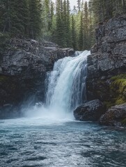 Fototapeta premium A waterfall cascading into a serene pool surrounded by rocky cliffs and evergreen trees