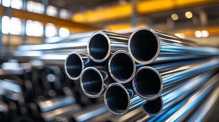 Close-up view of numerous polished metal tubes stacked neatly.