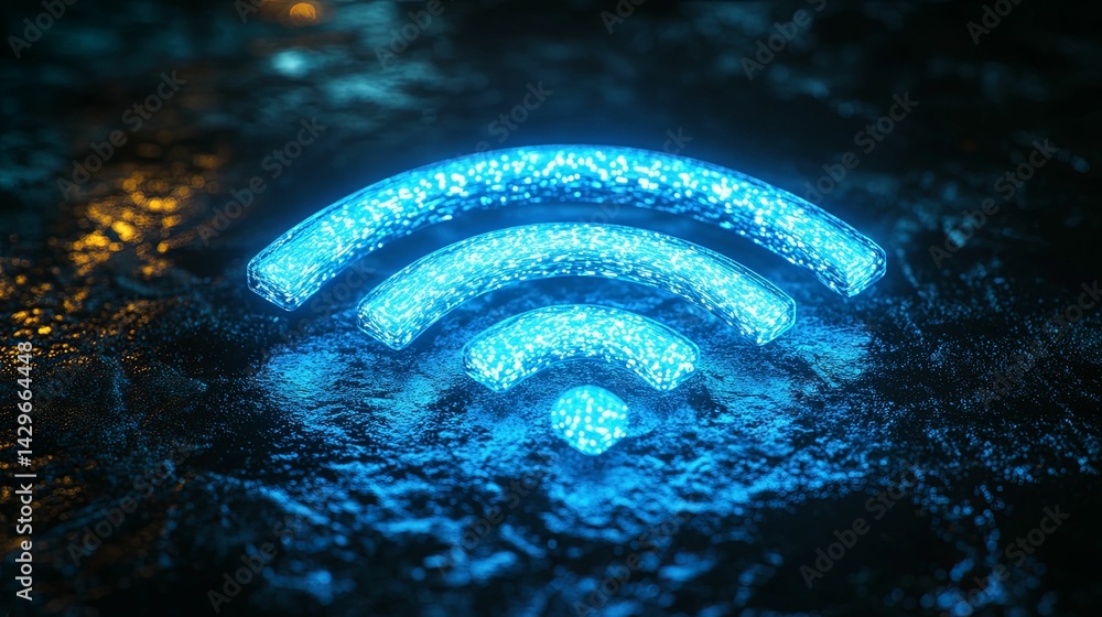 Poster luminous wifi symbol resting on a textured dark surface.