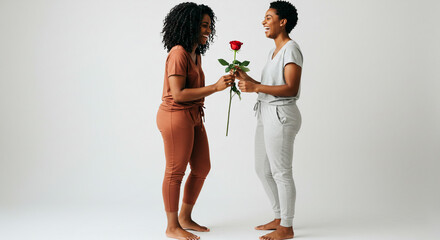 Two women exchanging a red rose while smiling in matching lounge wear against a white background