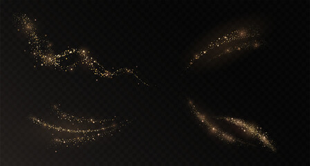 Magical golden light effect with sparkling dust and shimmering glitter. Set of realistic vector trails of gold powder on dark transparent background